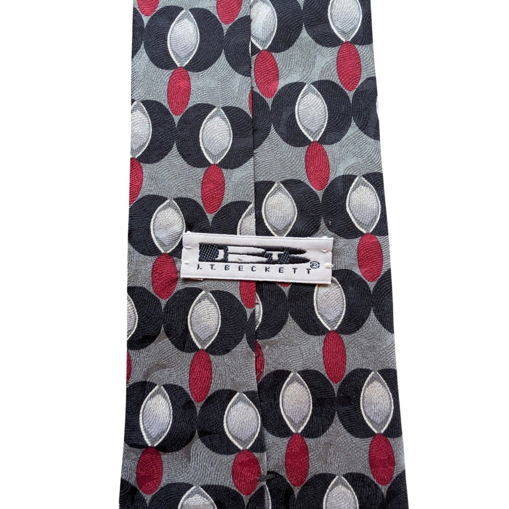 JT Beckett Geometric Silk Tie Grey Black‎ Red Italian Silk Necktie L57.5" W4" - Picture 6 of 8